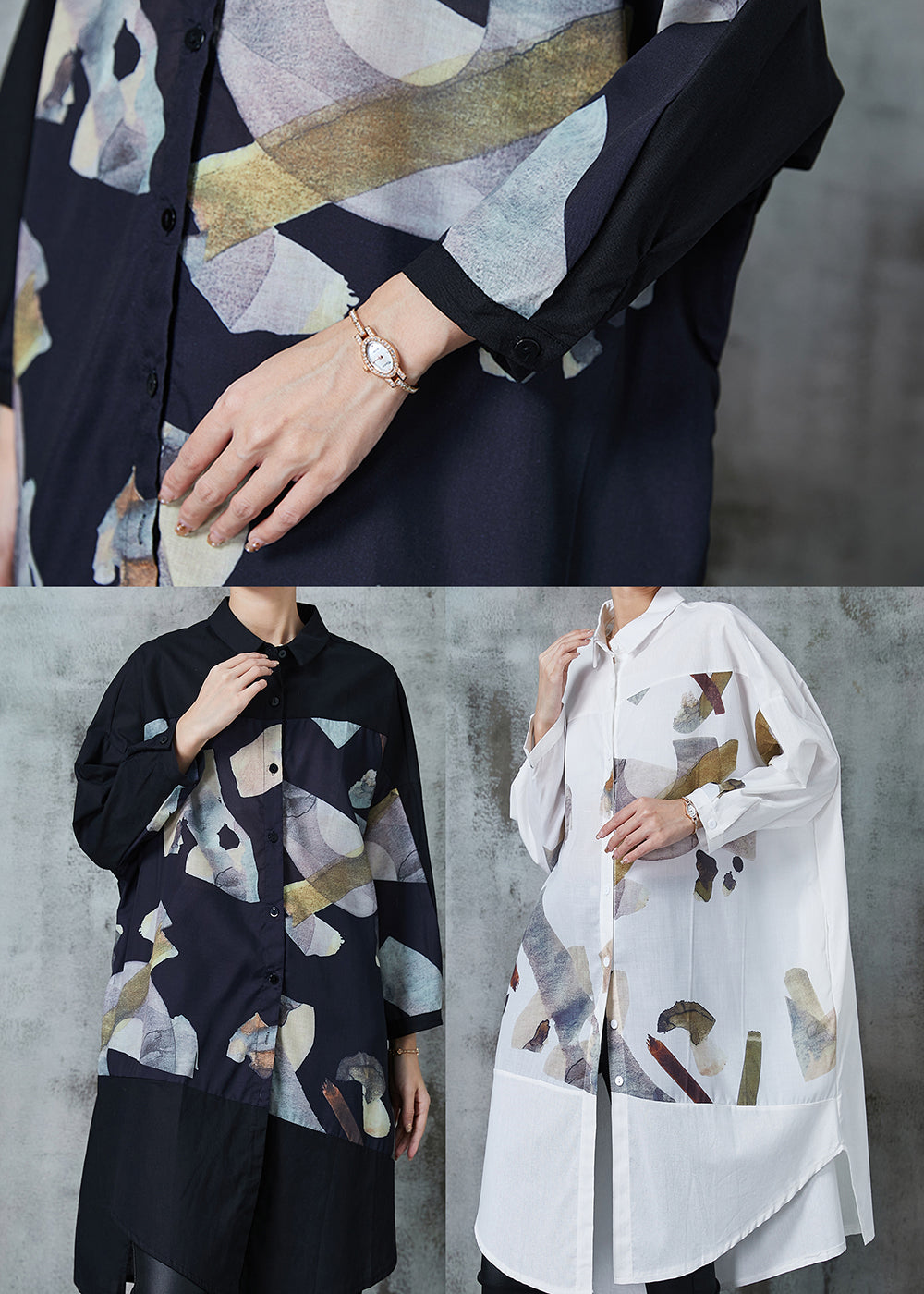 White Print Patchwork Cotton Long Shirts Summer