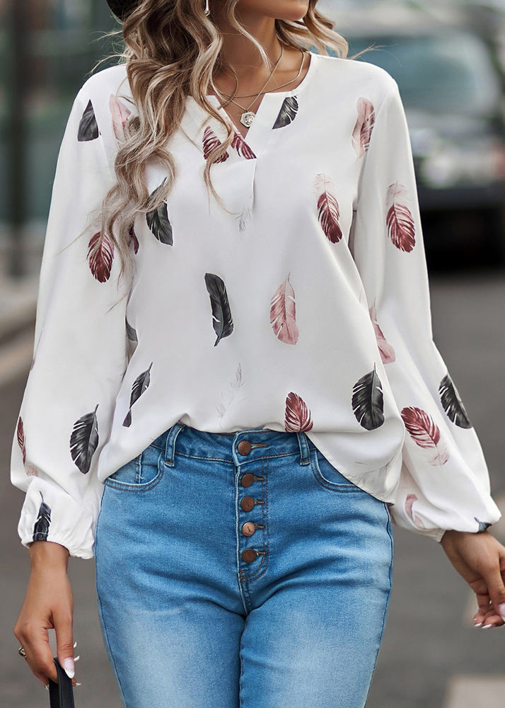 White Print Shirt Top Long Sleeve