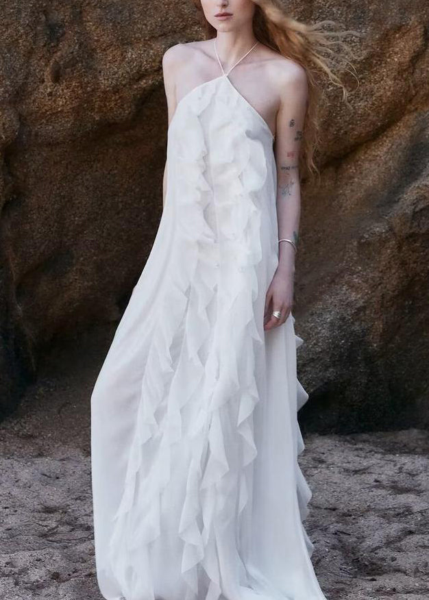 White Ruffled Backless Lace Up Chiffon Maxi Dress Sleeveless