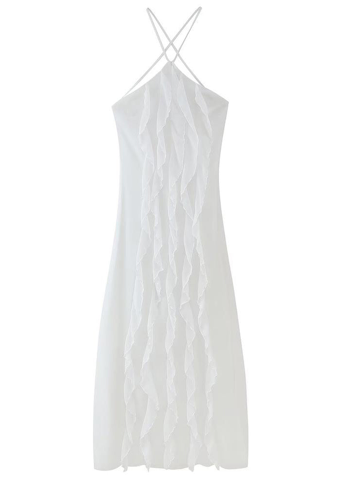 White Ruffled Backless Lace Up Chiffon Maxi Dress Sleeveless