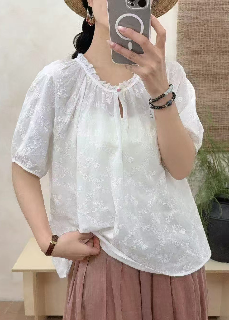 White Ruffled Embroidered Cotton Shirt Tops Summer