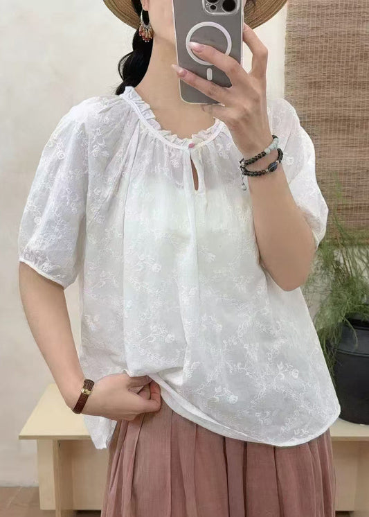 White Ruffled Embroidered Cotton Shirt Tops Summer