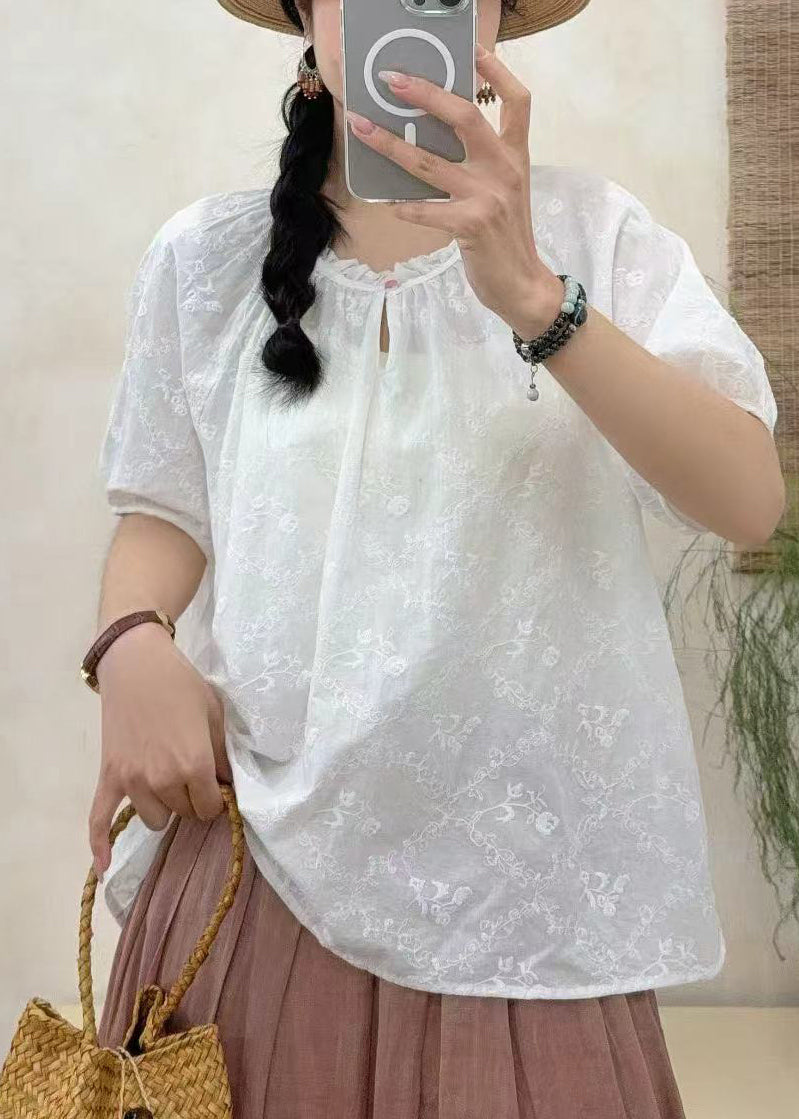 White Ruffled Embroidered Cotton Shirt Tops Summer