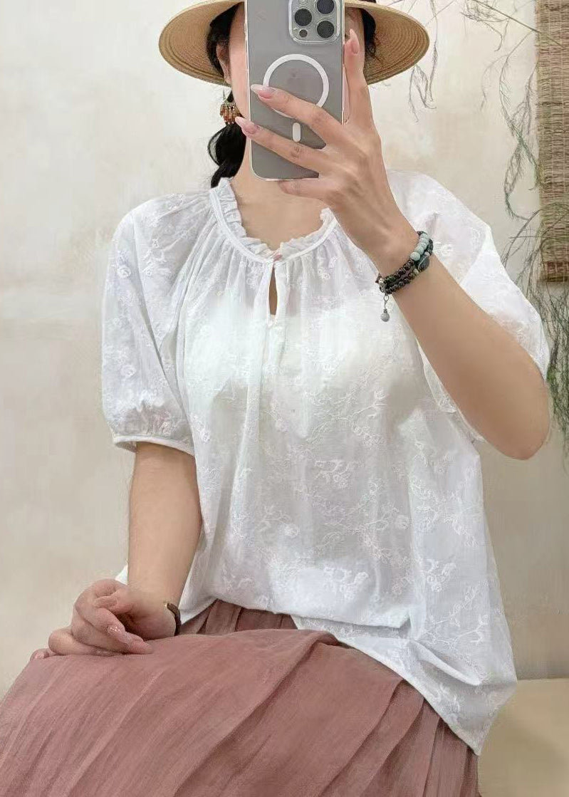 White Ruffled Embroidered Cotton Shirt Tops Summer