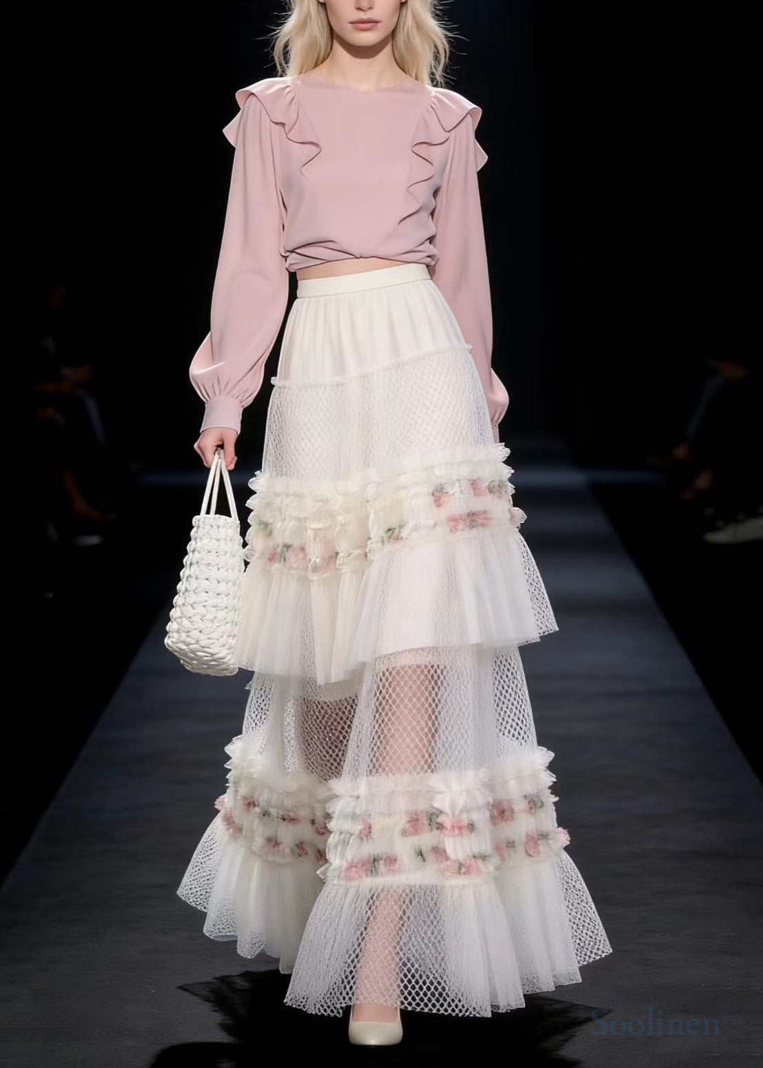 White Ruffled Print Exra Large Hem Tulle Skirt Spring