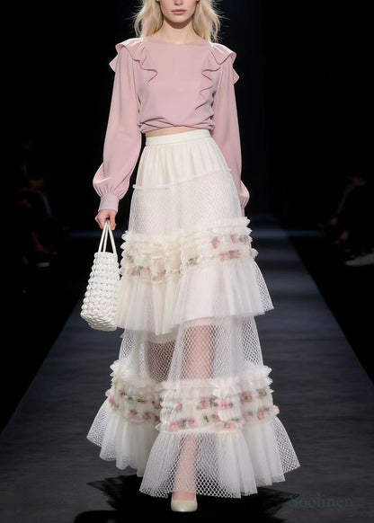 White Ruffled Print Exra Large Hem Tulle Skirt Spring