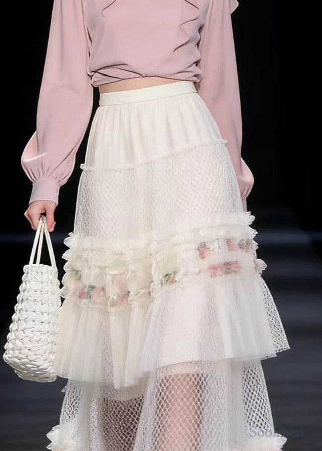 White Ruffled Print Exra Large Hem Tulle Skirt Spring