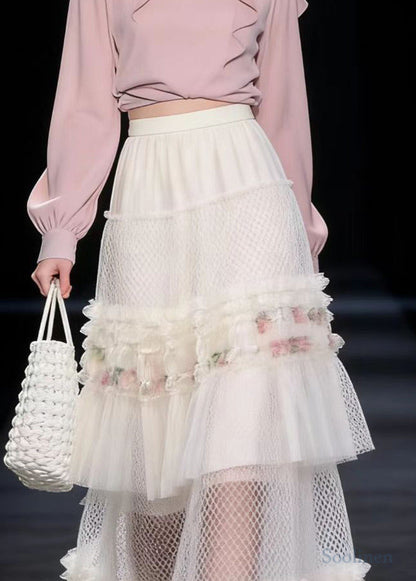 White Ruffled Print Exra Large Hem Tulle Skirt Spring