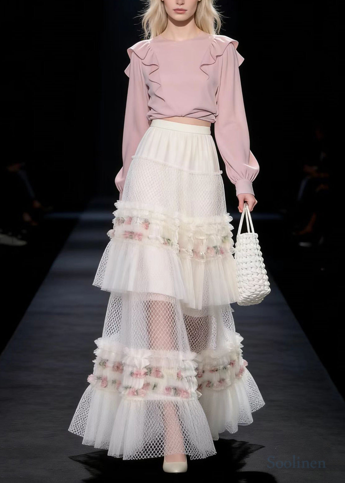 White Ruffled Print Exra Large Hem Tulle Skirt Spring