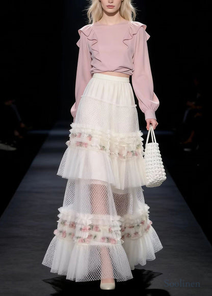 White Ruffled Print Exra Large Hem Tulle Skirt Spring
