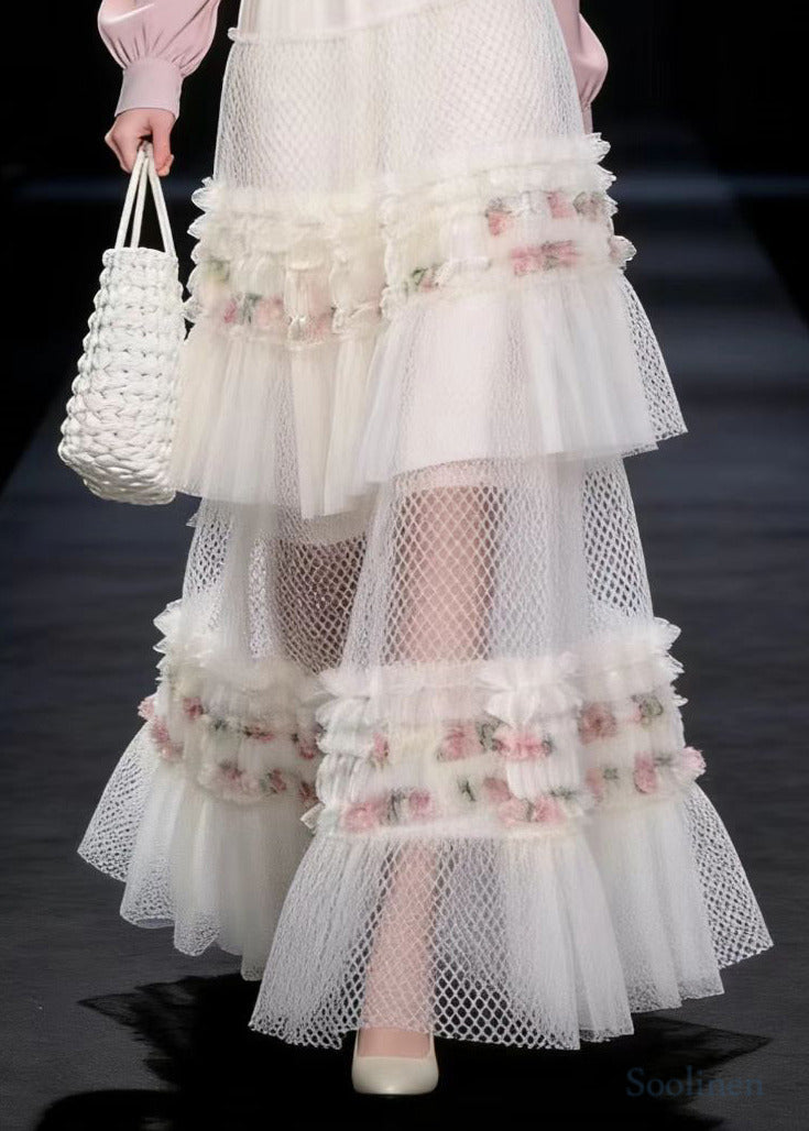 White Ruffled Print Exra Large Hem Tulle Skirt Spring