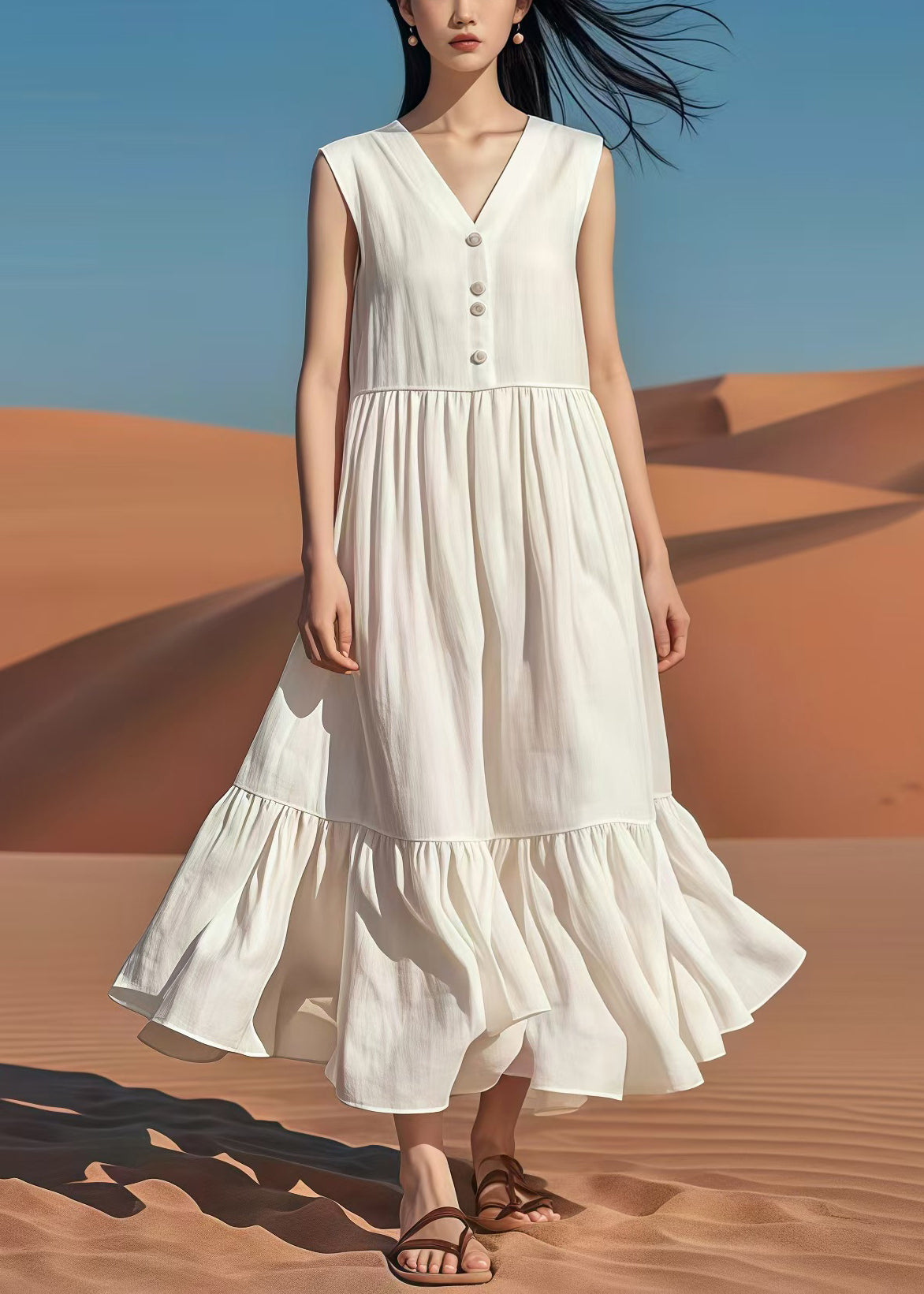 White Silm Fit Cotton Party Dress Sleeveless