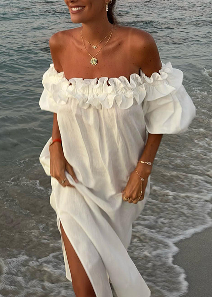White Slash Neck Ruffled Side Open Cotton Vacation Dresses Puff Sleeve