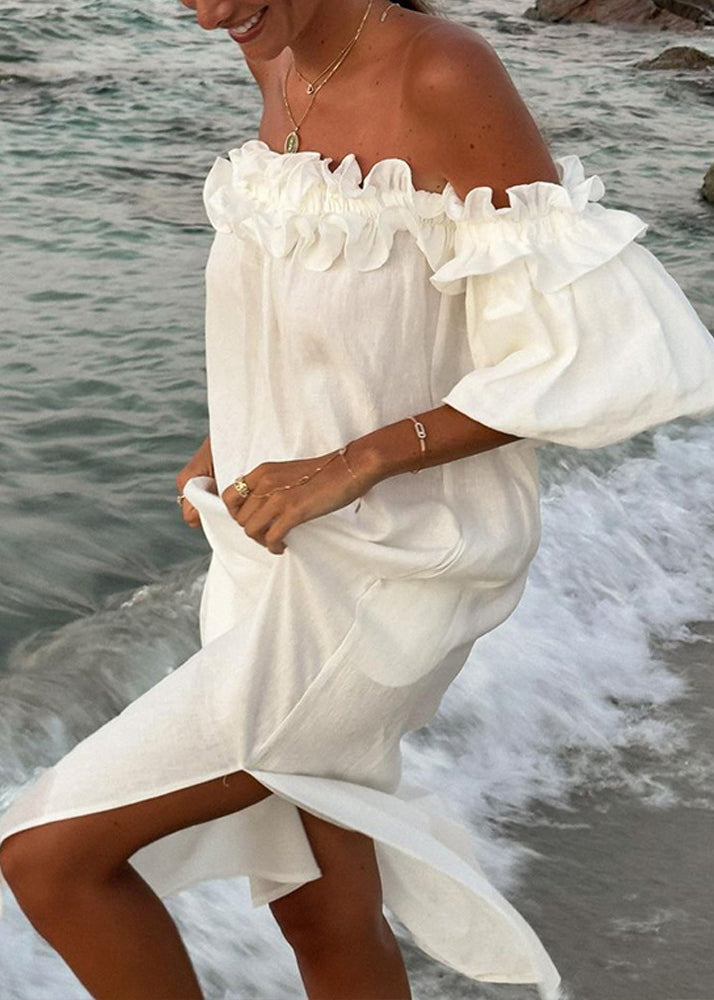 White Slash Neck Ruffled Side Open Cotton Vacation Dresses Puff Sleeve