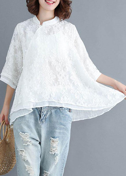 White Stand Collar Asymmetrical Design Summer Tops Three Quarter Sleeve Shirt