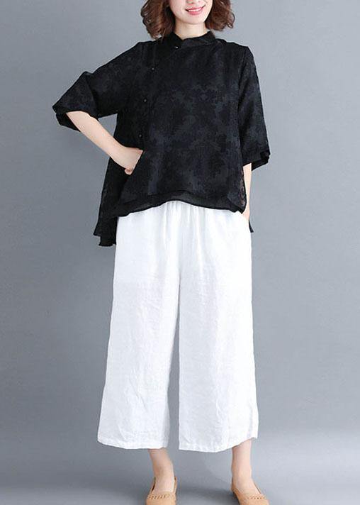White Stand Collar Asymmetrical Design Summer Tops Three Quarter Sleeve Shirt