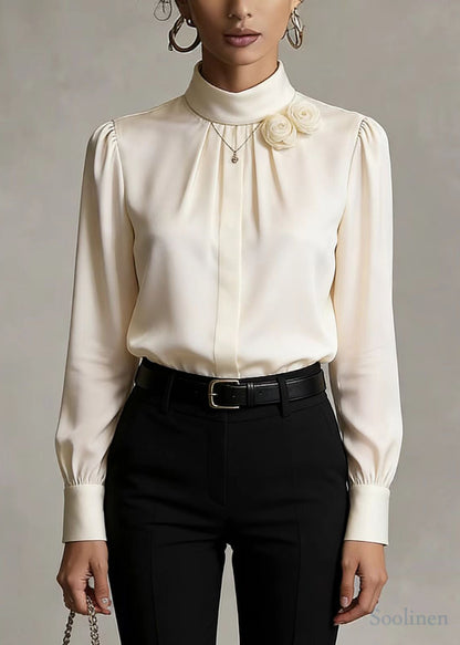 Boho White Stand Collar Floral Chiffon Shirt Top Spring