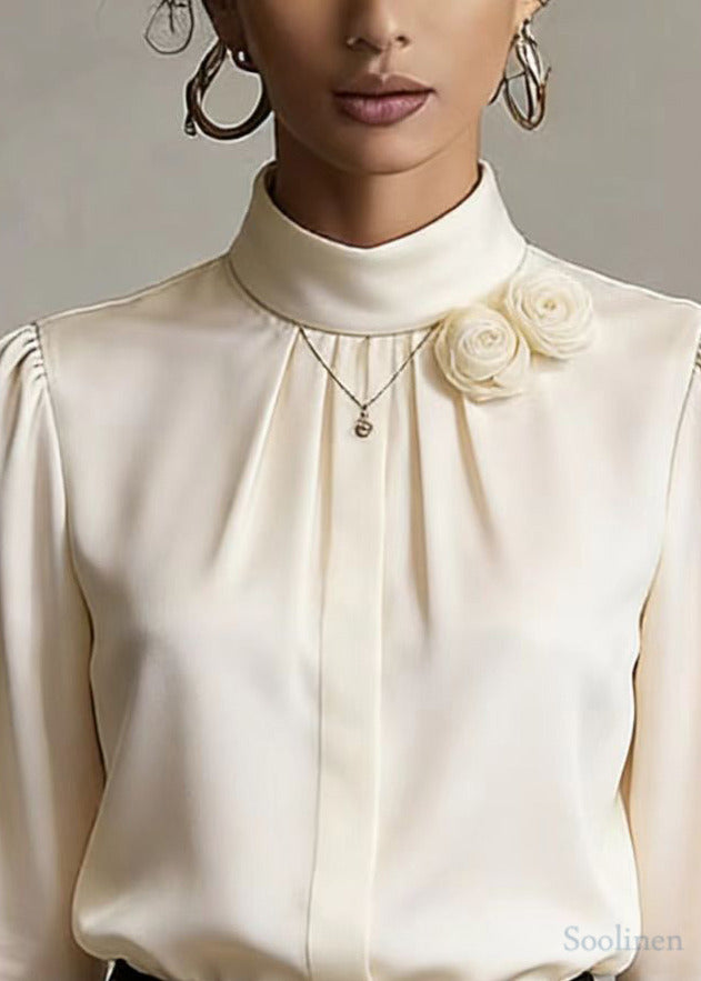 White Stand Collar Chiffon Shirt Top Spring