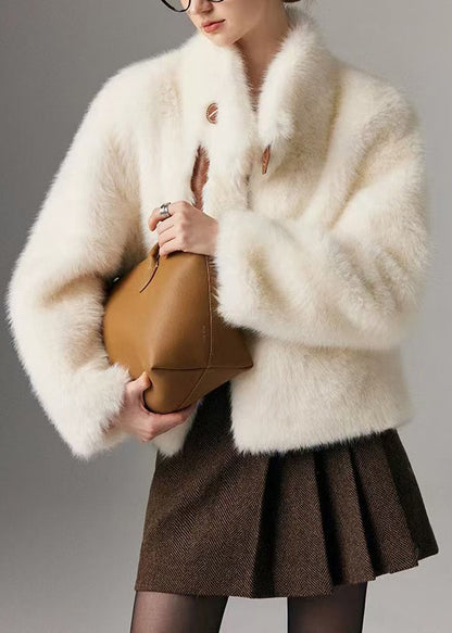 White Stand Collar Patchwork Warm Faux Fox Fur Jacket Winter