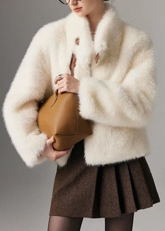 White Stand Collar Patchwork Warm Faux Fox Fur Jacket Winter