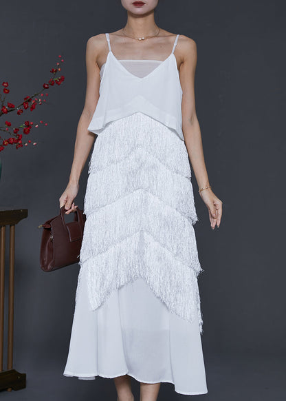White Tasseled Chiffon Sundress Summer