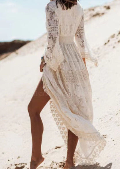 White Tasseled Hollow Out Lace Dresses Summer