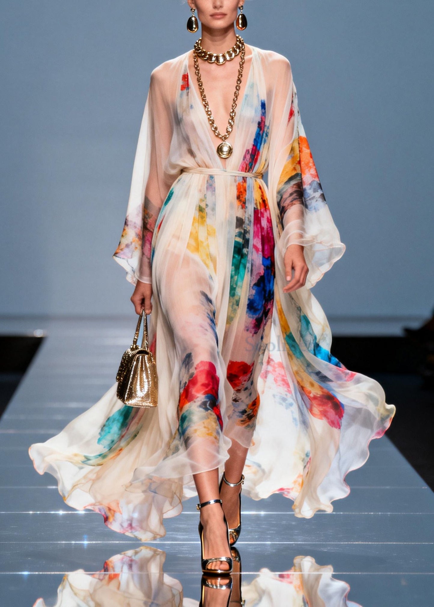 White Tie Waist Tie Dye Chiffon Maxi Dresses Summer