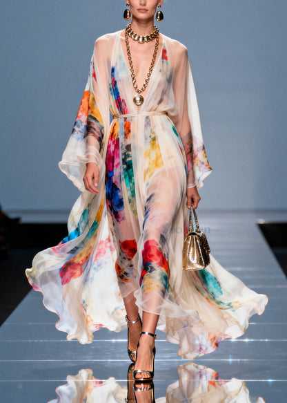 White Tie Waist Tie Dye Chiffon Maxi Dresses Summer