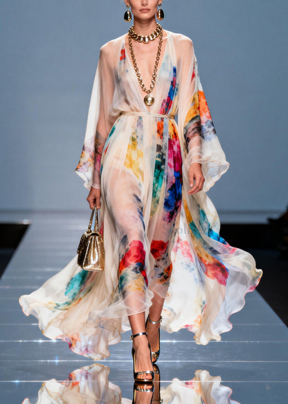 White Tie Waist Tie Dye Chiffon Maxi Dresses Summer