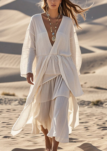 White V Neck Asymmetrical Design Cotton Dress Spring