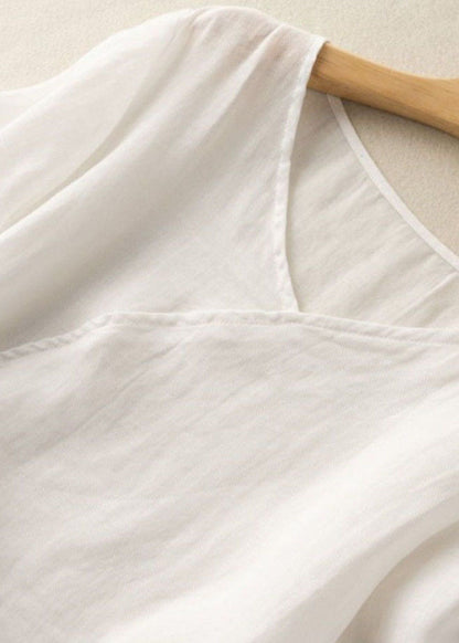 White V Neck Button Patchwork Linen Shirt Top Summer