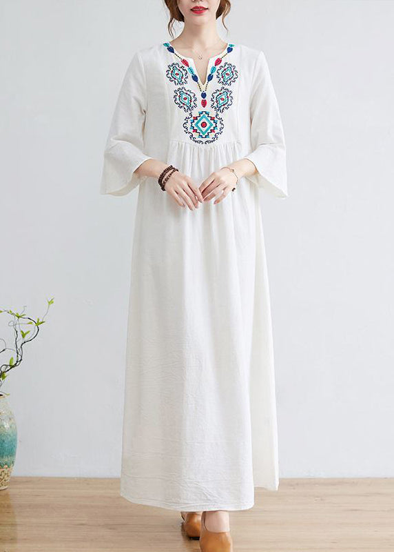 White V Neck Embroideried Cotton a Line Dress Bracelet Sleeve