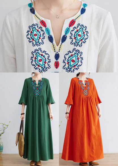 White V Neck Embroideried Cotton a Line Dress Bracelet Sleeve
