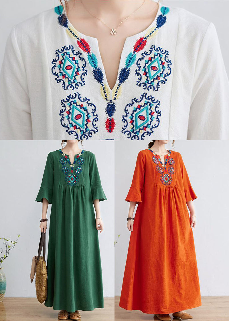 White V Neck Embroideried Cotton a Line Dress Bracelet Sleeve