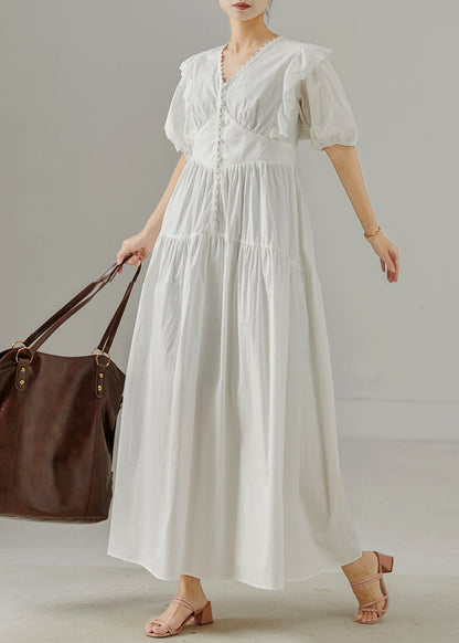 White V Neck Patchwork Cotton Party Dress Summer