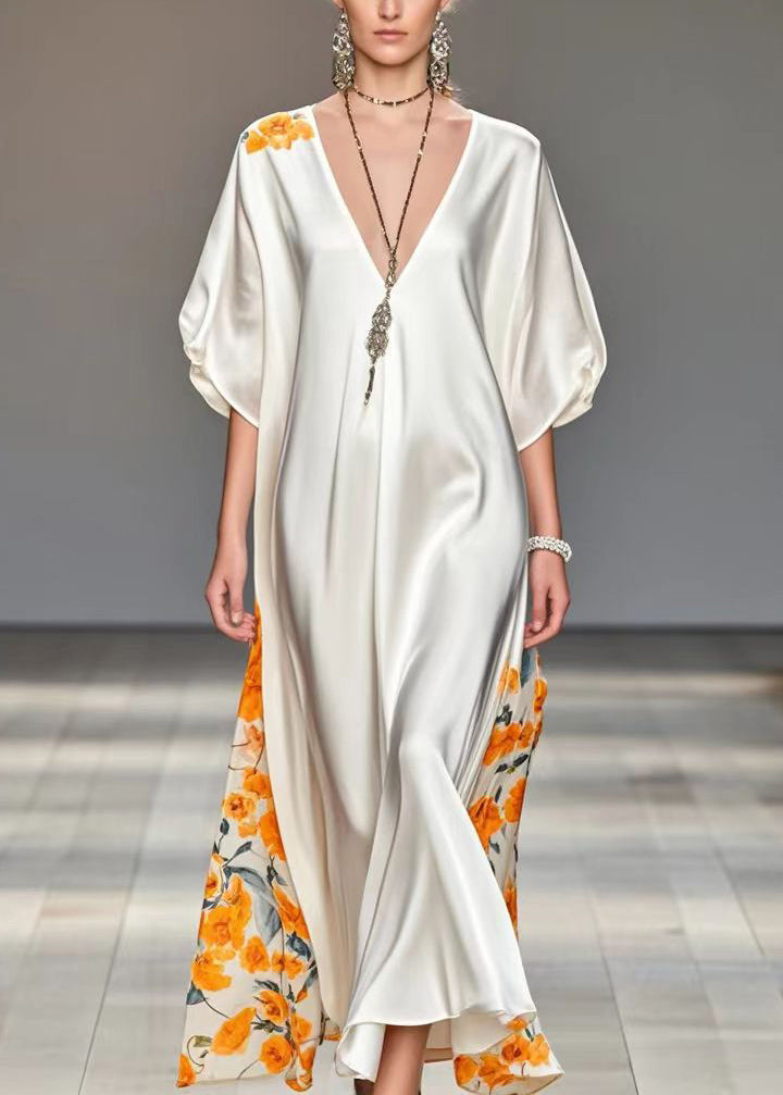 White V Neck Patchwork Print Silk Party Dress Summer