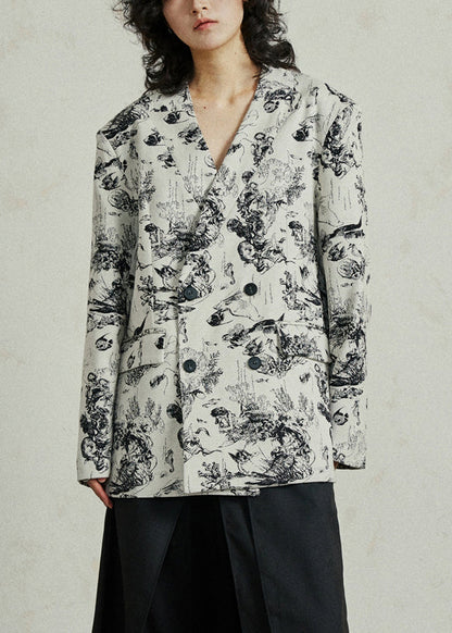 White V Neck Pockets Print Coat Fall