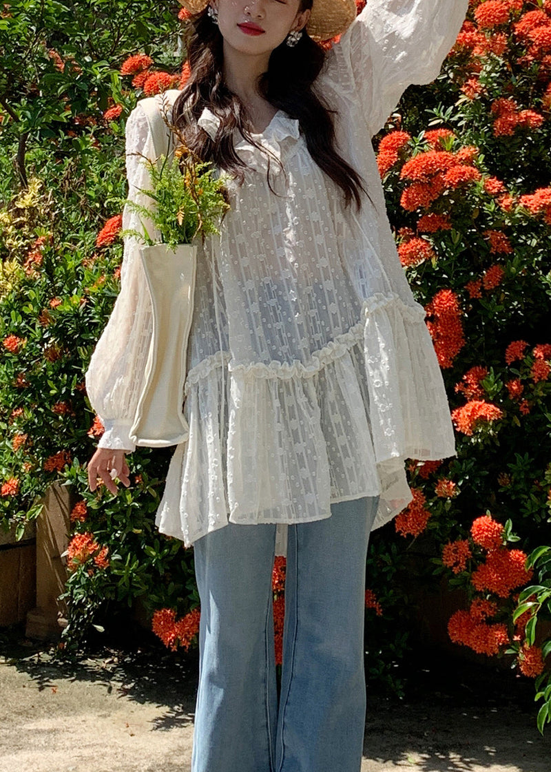 White V Neck Ruffled Cotton Mini Dresses Fall