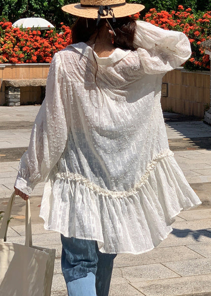 White V Neck Ruffled Cotton Mini Dresses Fall