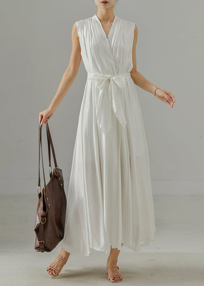White V Neck Tie Waist Cotton Dress Sleeveless