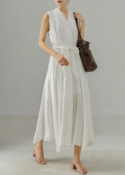 White V Neck Tie Waist Cotton Dress Sleeveless