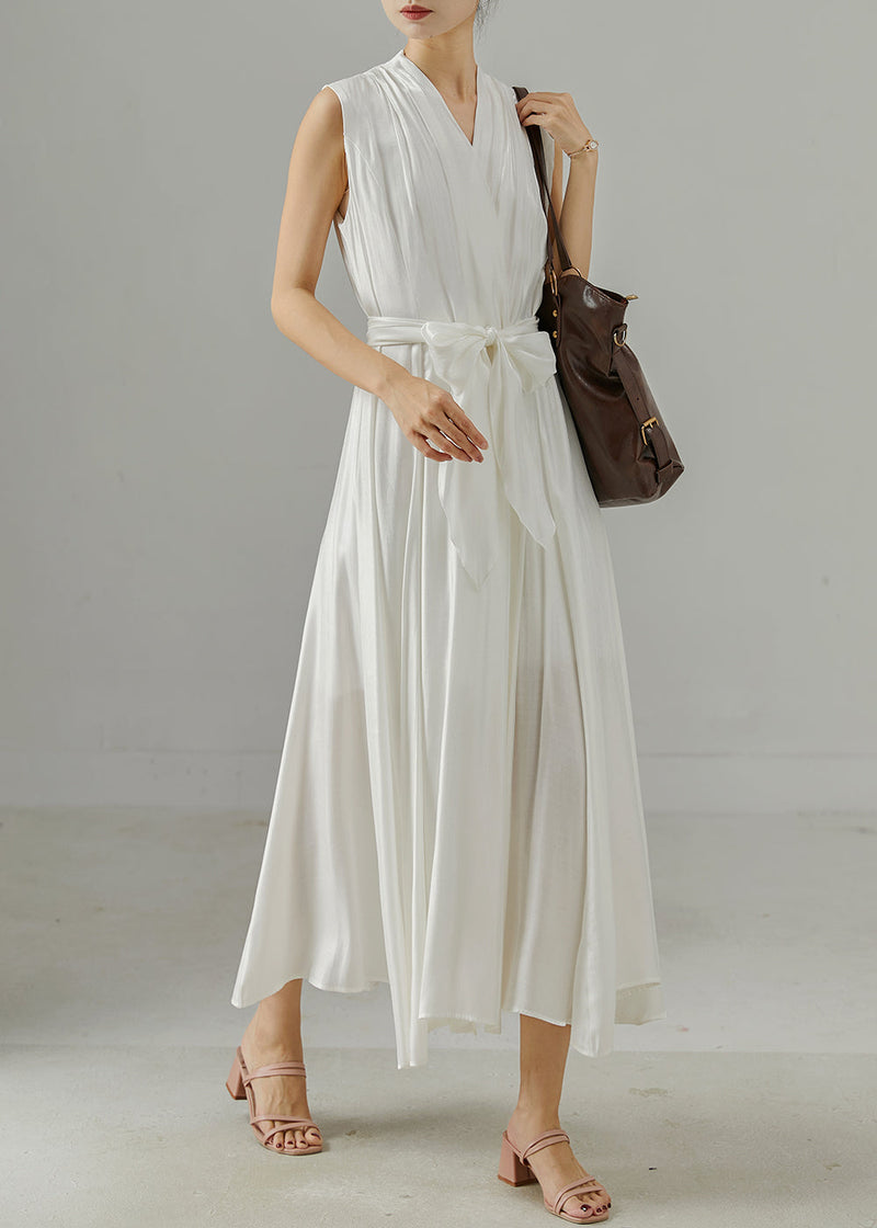 White V Neck Tie Waist Cotton Dress Sleeveless