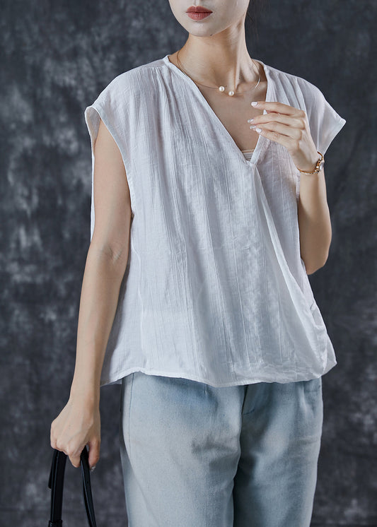 White V Neck Wrinkled Linen Tops Summer
