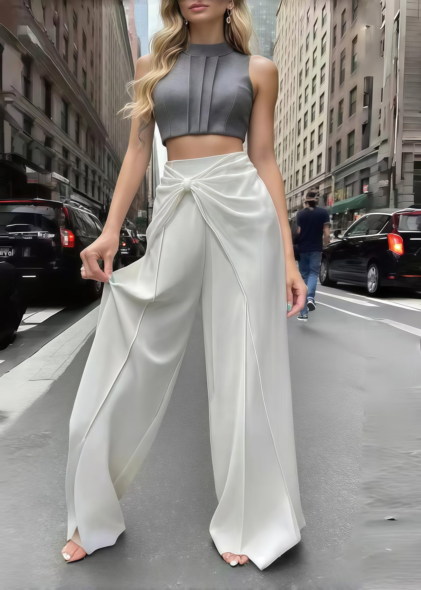 White Wrinkled Draping Chiffon Wide Leg Pants Summer