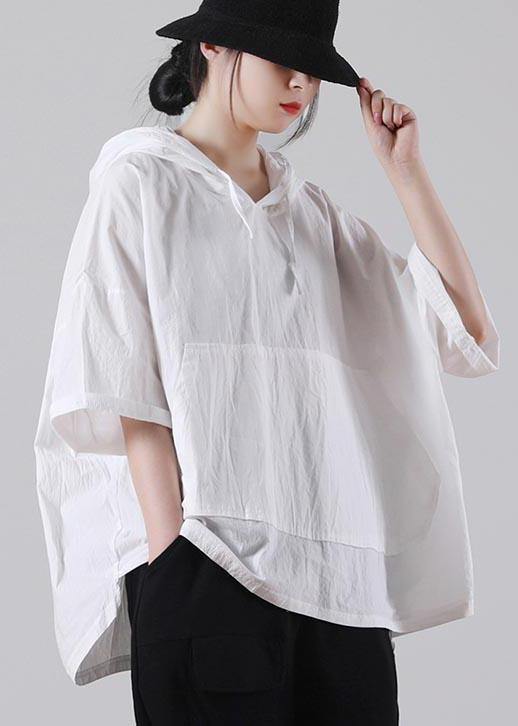 White Hooded Cotton Tops Summer