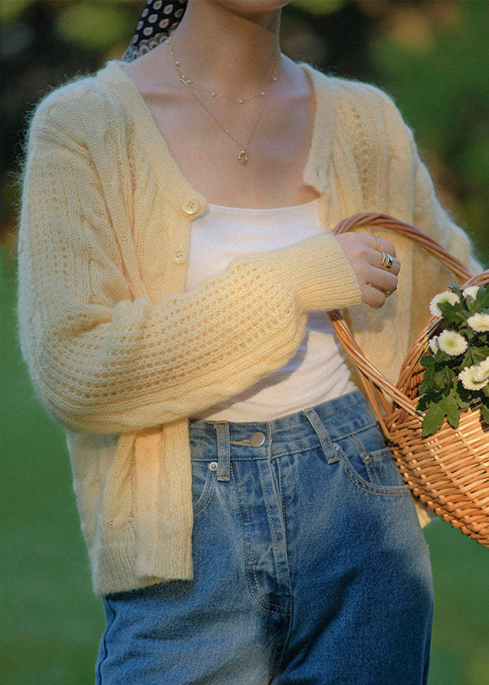 Yellow Button Hollow Out Patchwork Knit Cardigan Fall