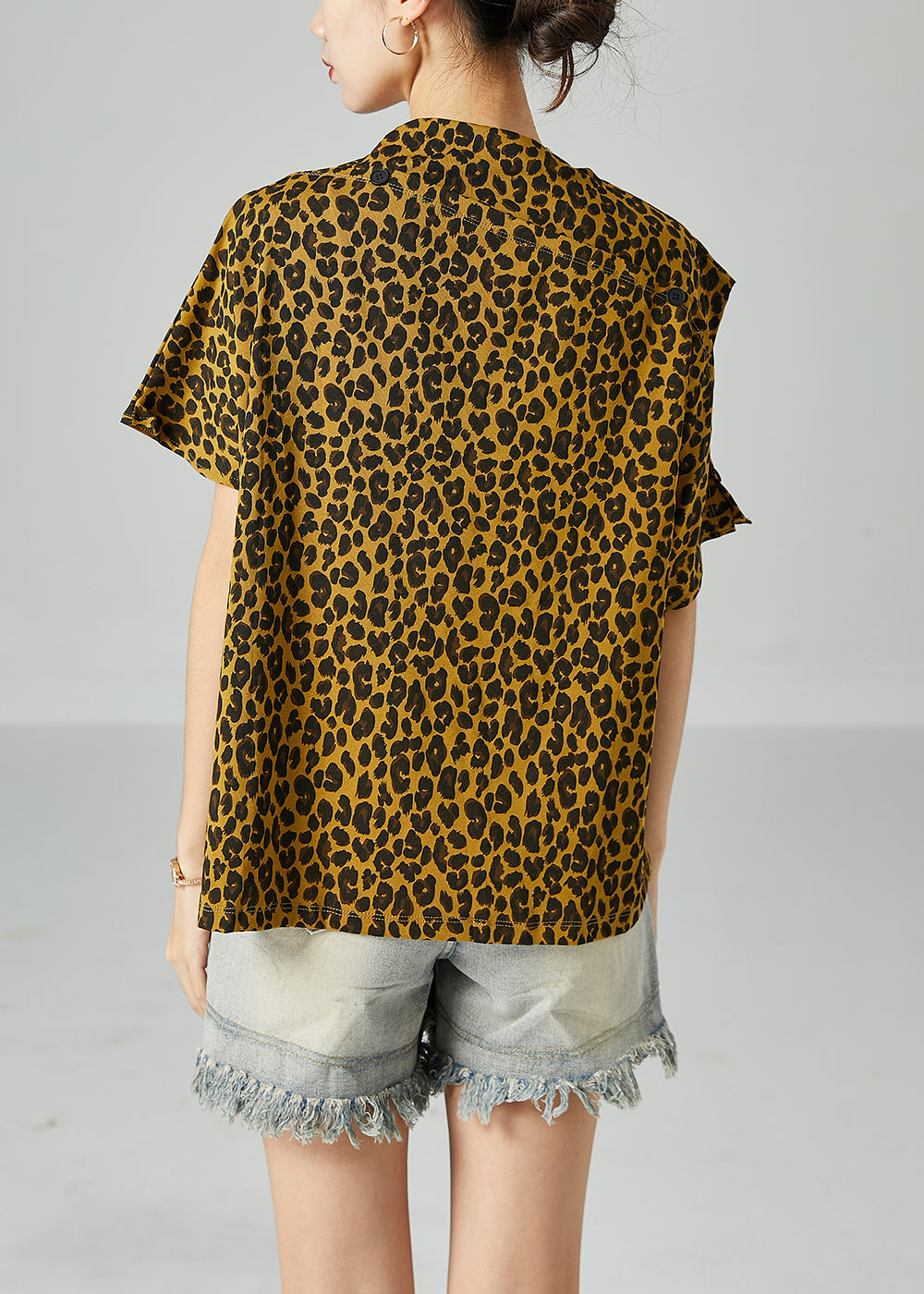 Yellow Cold Shoulder Leopard Print Cotton Tops Summer