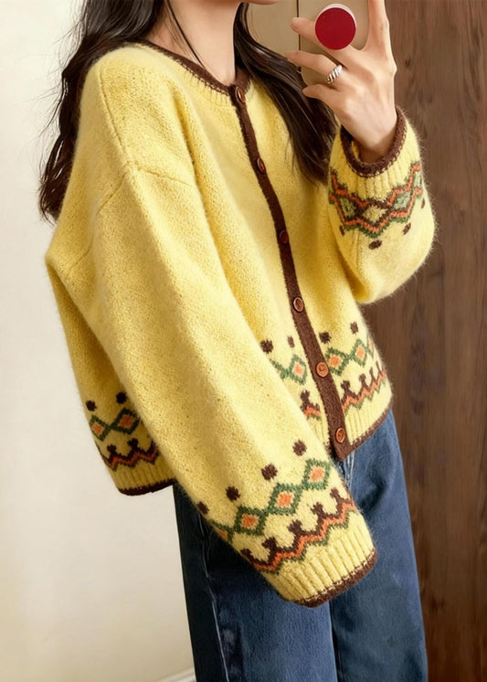 Yellow Embroidered Chunky Knit Cardigans Winter