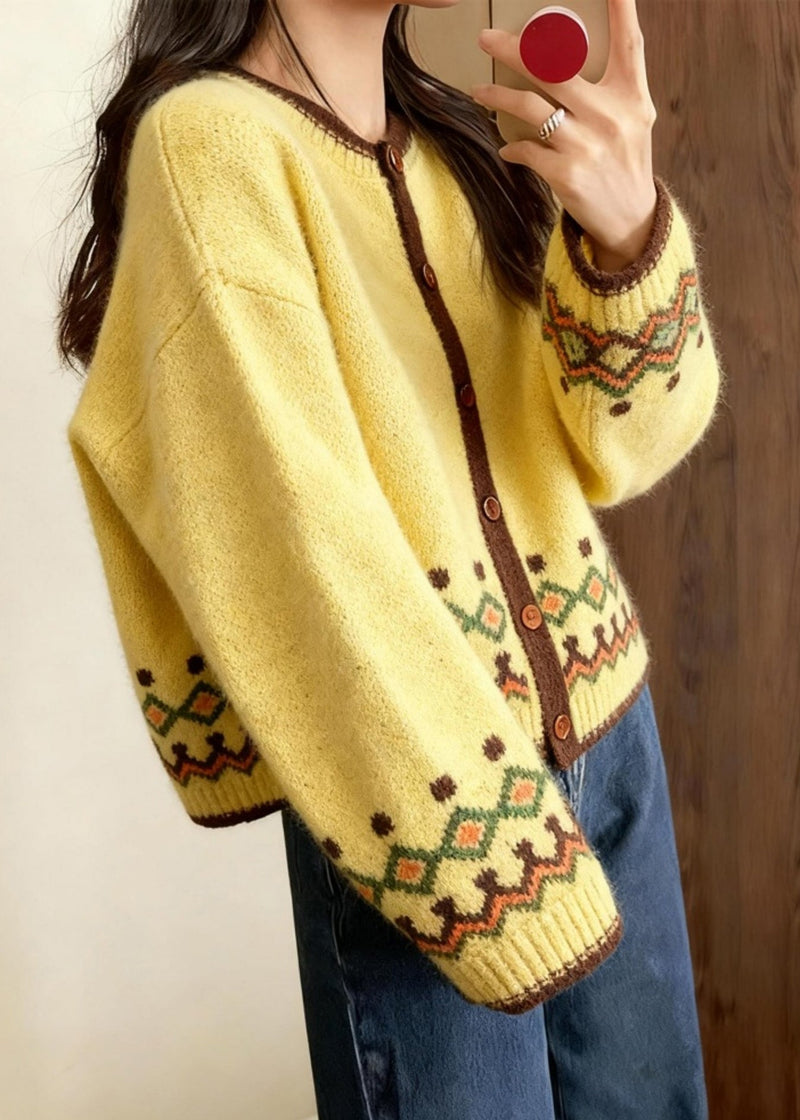 Yellow Embroidered Chunky Knit Cardigans Winter