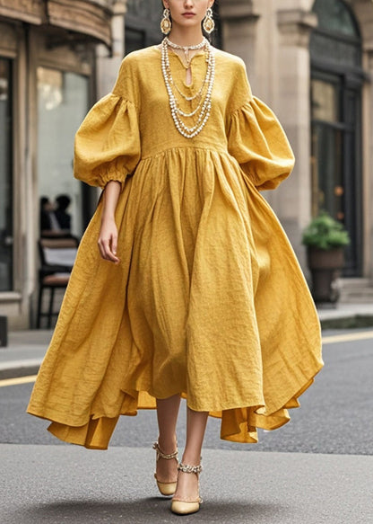 Yellow Exra Large Hem Cotton Maxi Dresses Lantern Sleeve